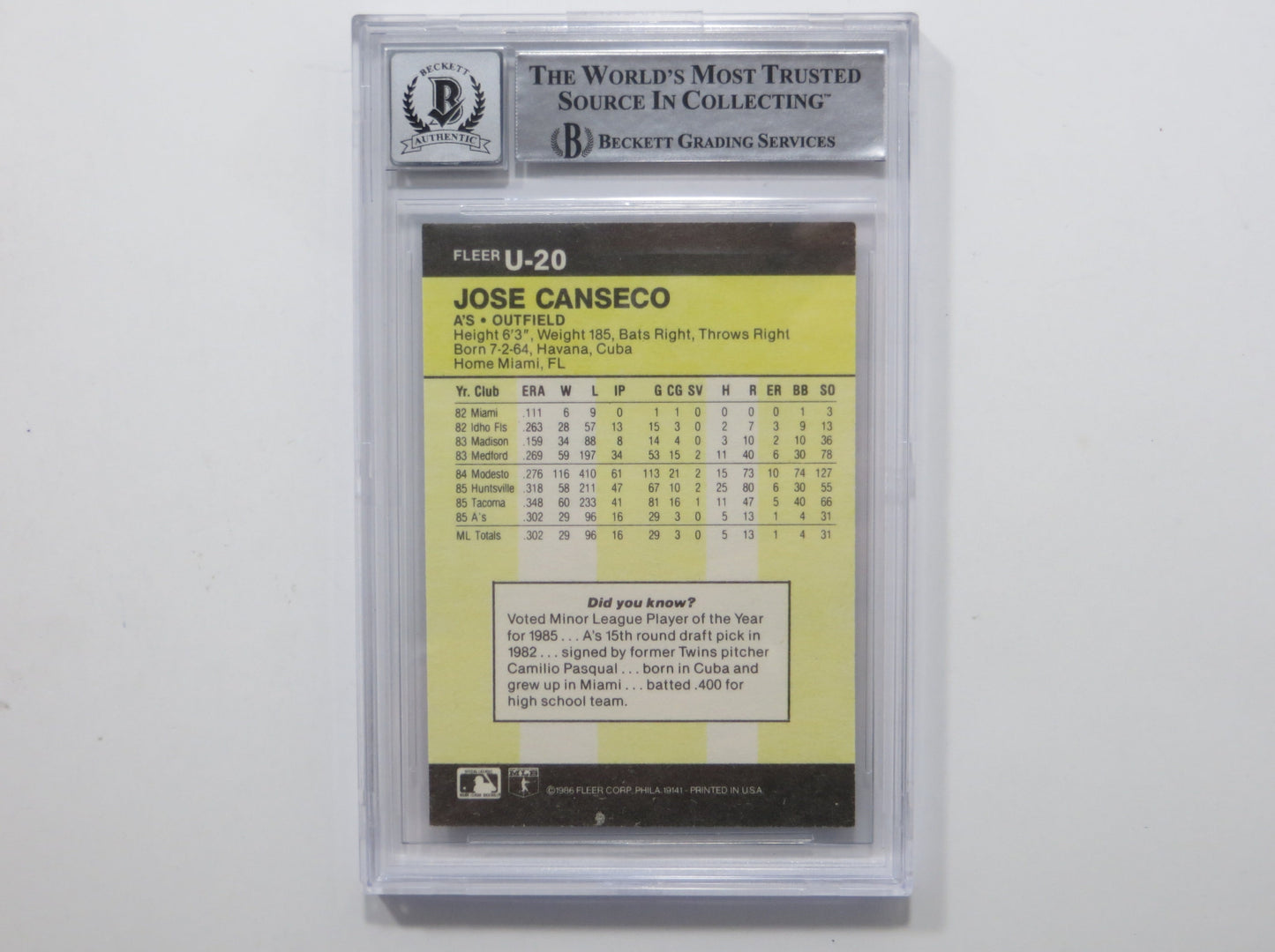 JOSE CANSECO SIGNED BGS BAS SLAB 1986 FLEER UPDATE #U20 A's Auto 10