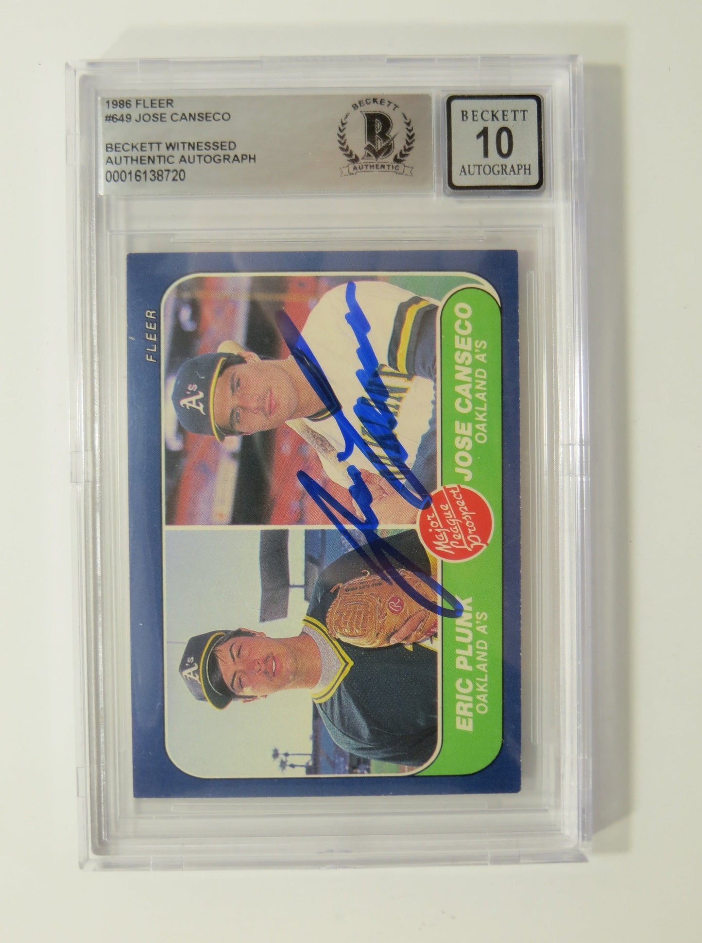 JOSE CANSECO SIGNED BGS BAS SLAB 1986 FLEER #649 A's Auto 10