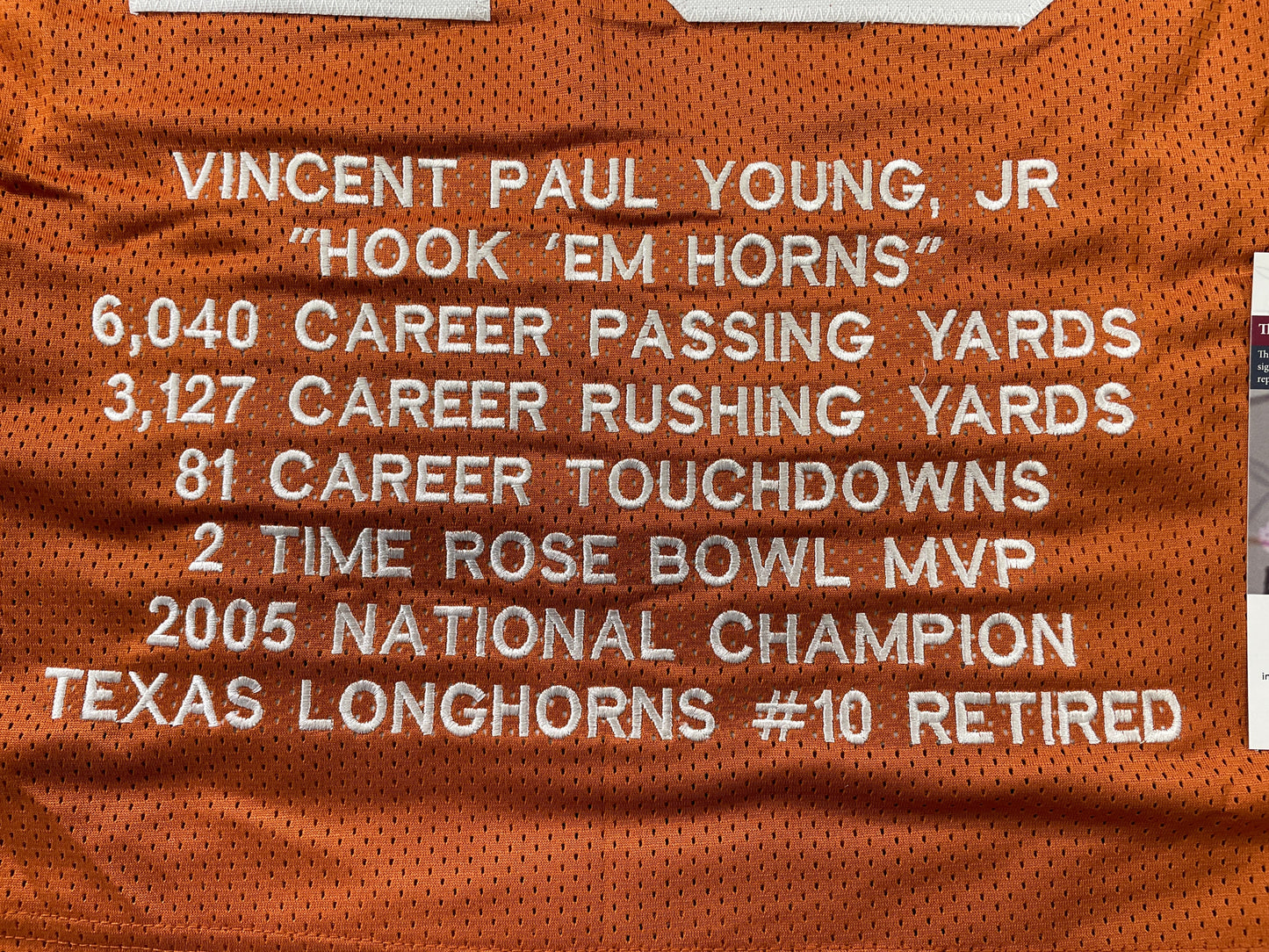VINCE YOUNG TEXAS LONGHORNS SIGNED STAT JERSEY JSA COA