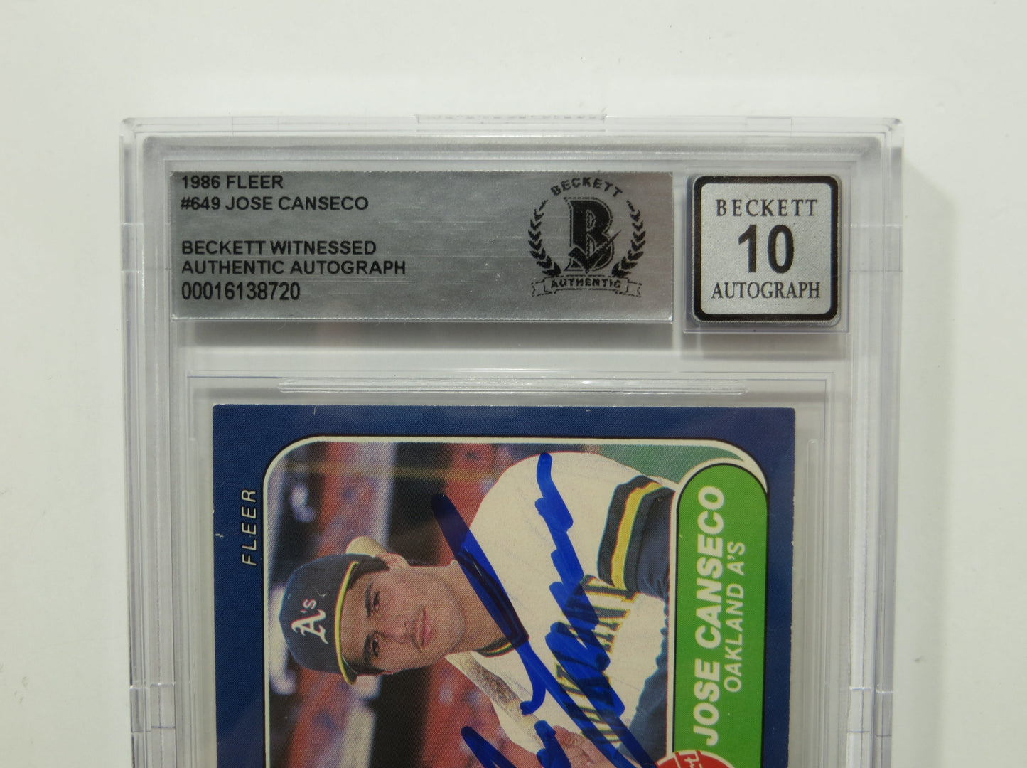 JOSE CANSECO SIGNED BGS BAS SLAB 1986 FLEER #649 A's Auto 10