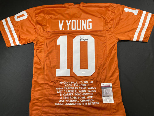 VINCE YOUNG TEXAS LONGHORNS SIGNED STAT JERSEY JSA COA