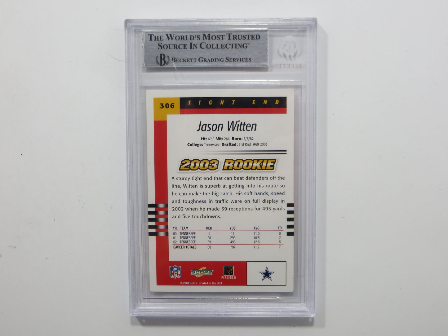 JASON WITTEN SIGNED BGS BAS SLAB 2003 SCORE #306 DALLAS COWBOYS TENN