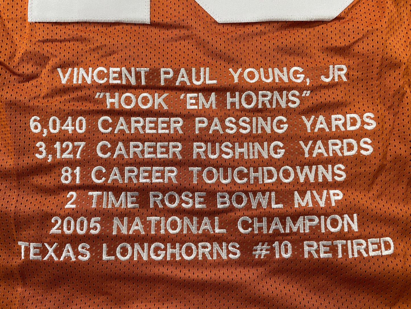 VINCE YOUNG TEXAS LONGHORNS SIGNED STAT JERSEY JSA COA