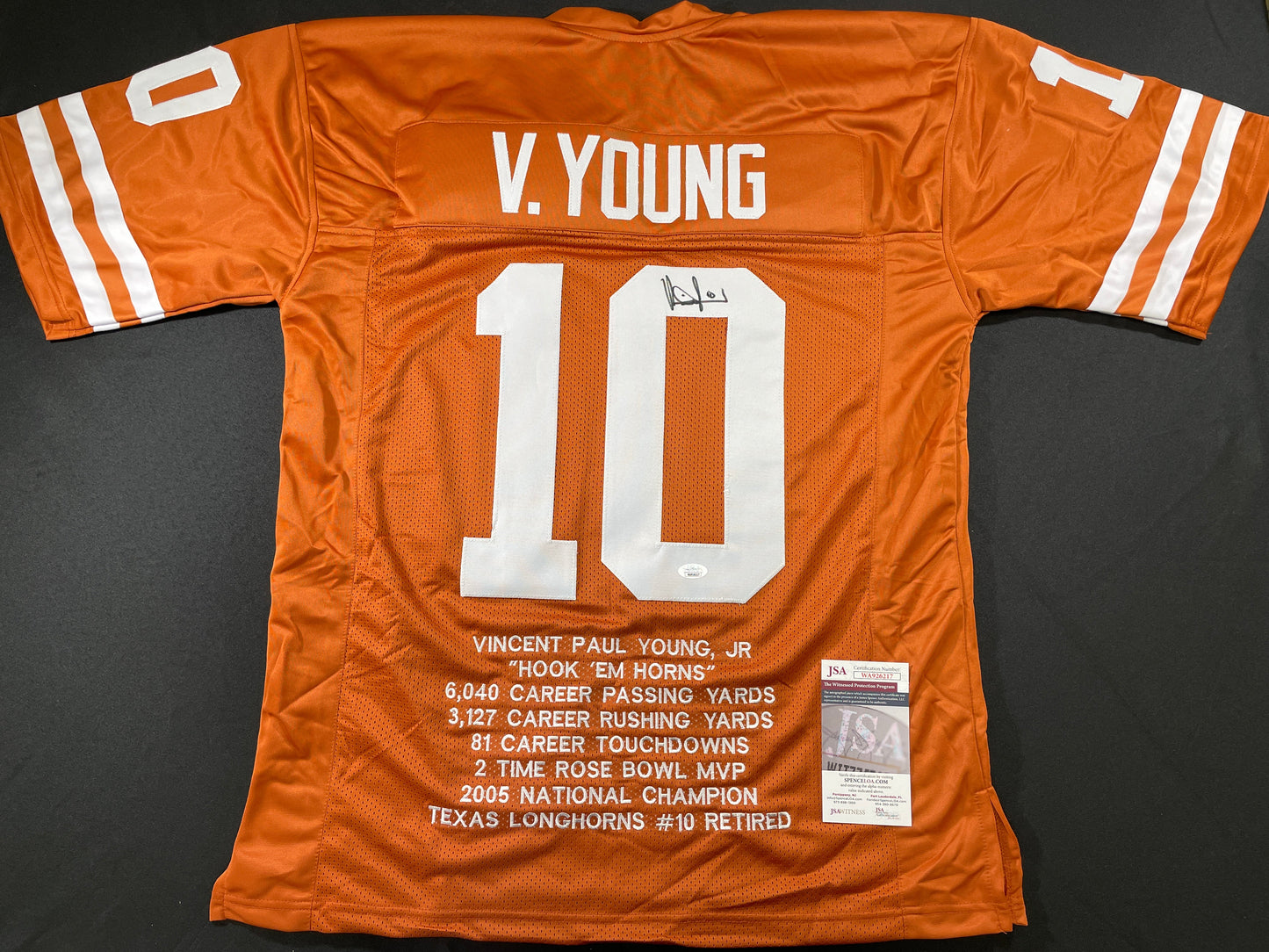 VINCE YOUNG TEXAS LONGHORNS SIGNED STAT JERSEY JSA COA