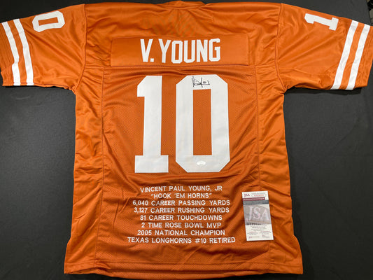 VINCE YOUNG TEXAS LONGHORNS SIGNED STAT JERSEY JSA COA