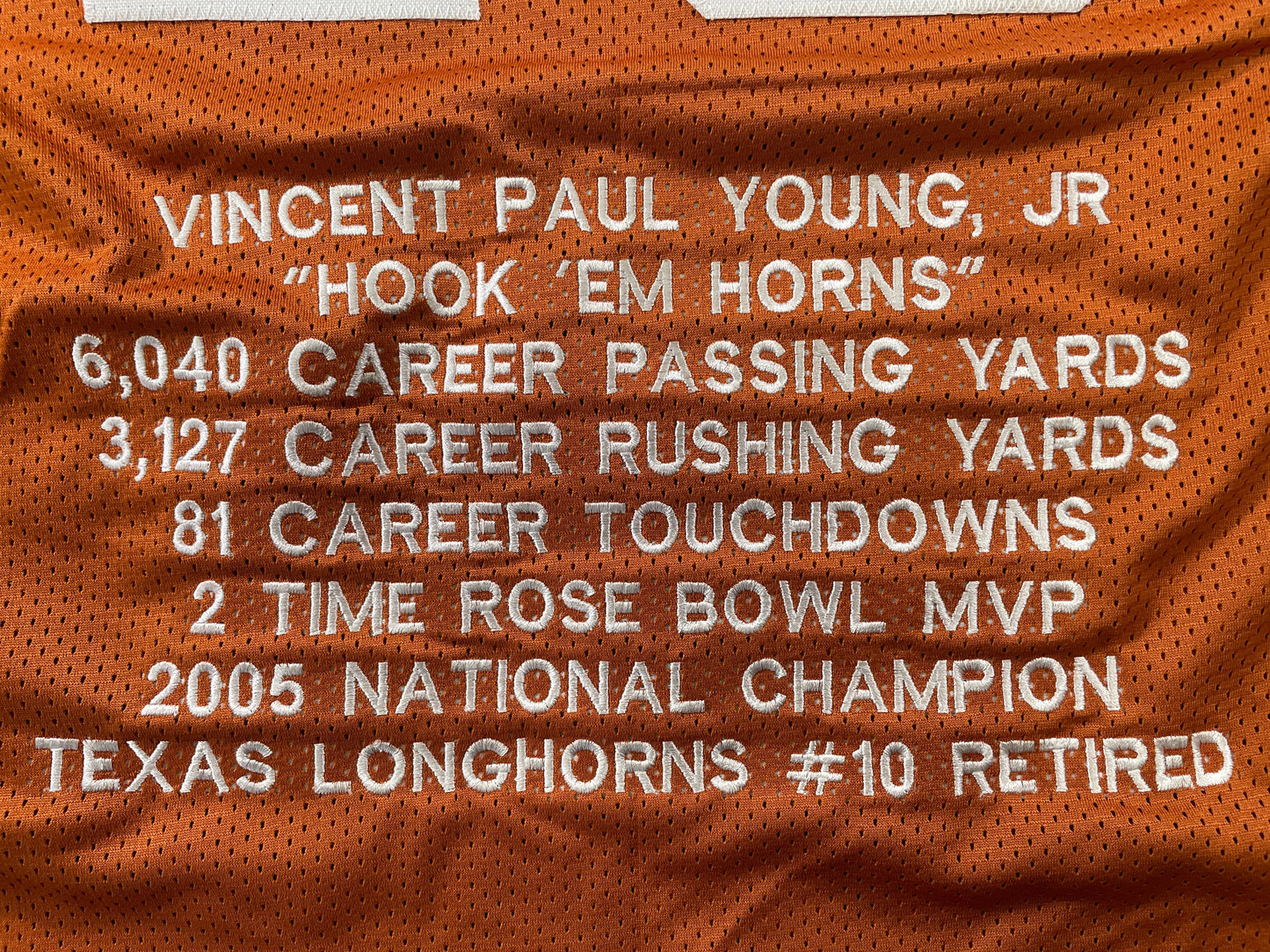 VINCE YOUNG TEXAS LONGHORNS SIGNED STAT JERSEY JSA COA