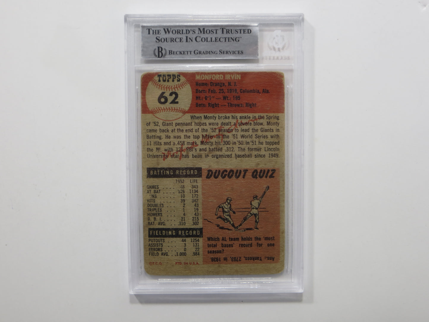 MONTE IRVIN SIGNED BGS BAS SLAB 1953 Topps #62 New York Giants
