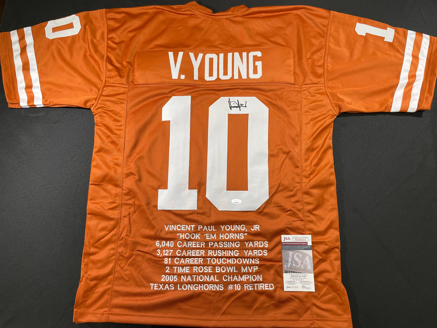 VINCE YOUNG TEXAS LONGHORNS SIGNED STAT JERSEY JSA COA