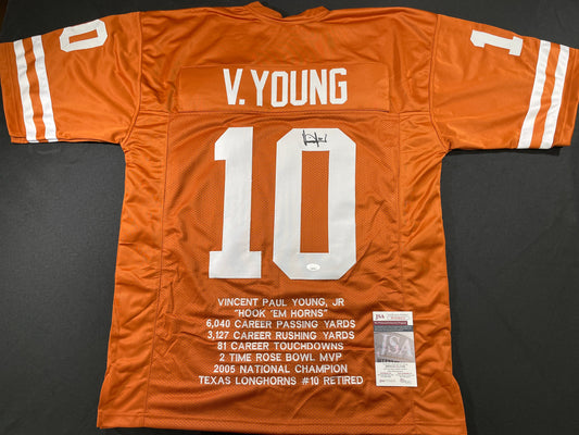 VINCE YOUNG TEXAS LONGHORNS SIGNED STAT JERSEY JSA COA