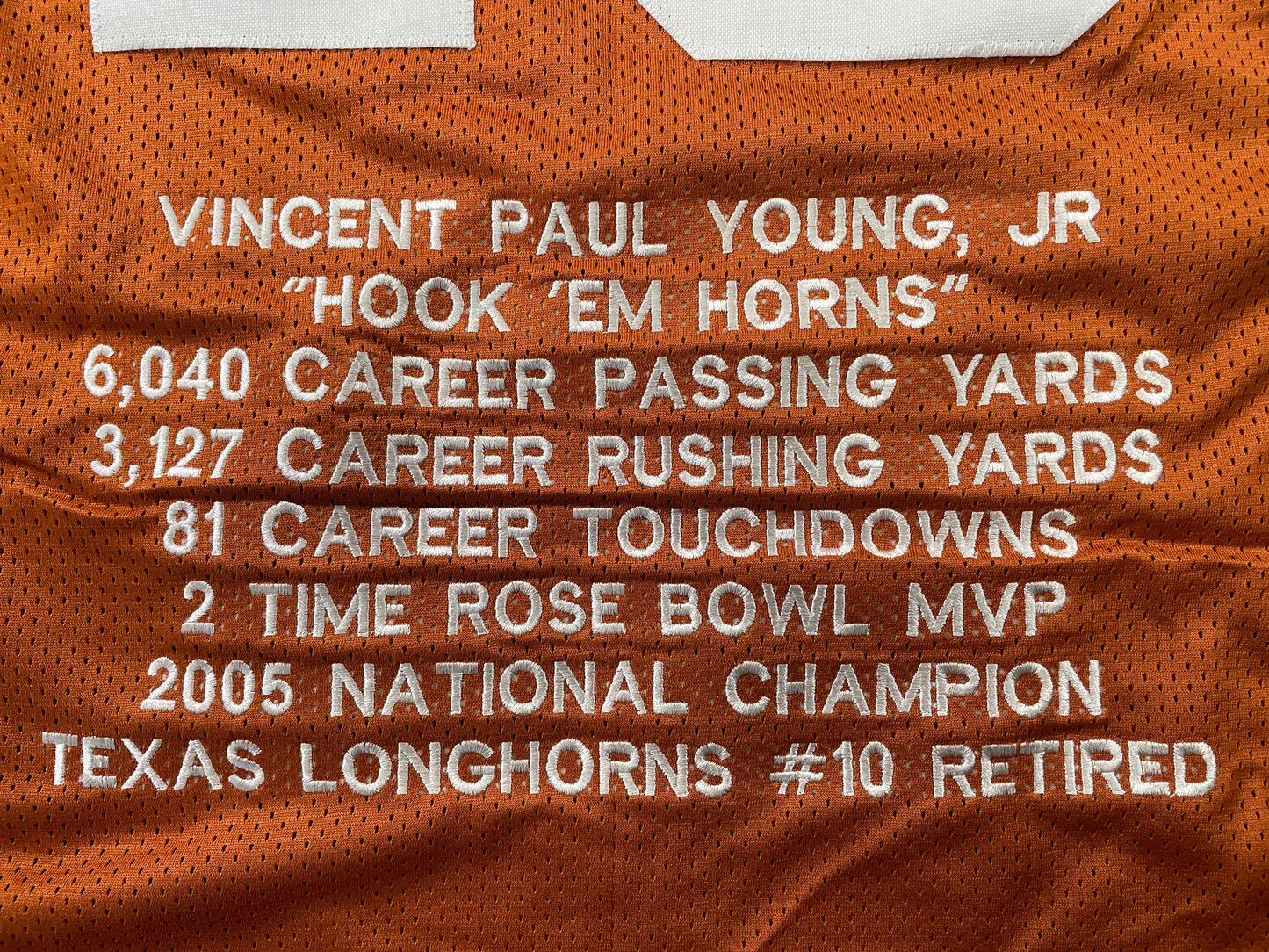 VINCE YOUNG TEXAS LONGHORNS SIGNED STAT JERSEY JSA COA