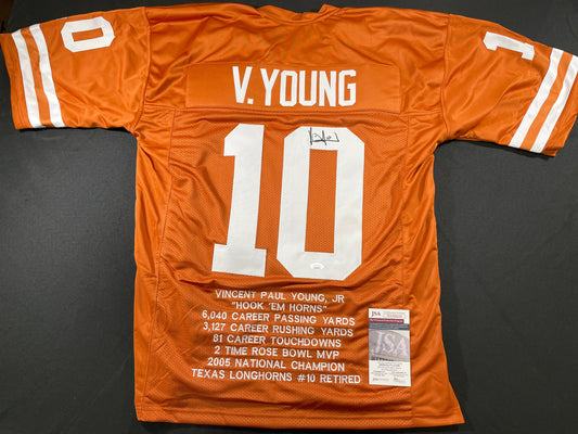 VINCE YOUNG TEXAS LONGHORNS SIGNED STAT JERSEY JSA COA