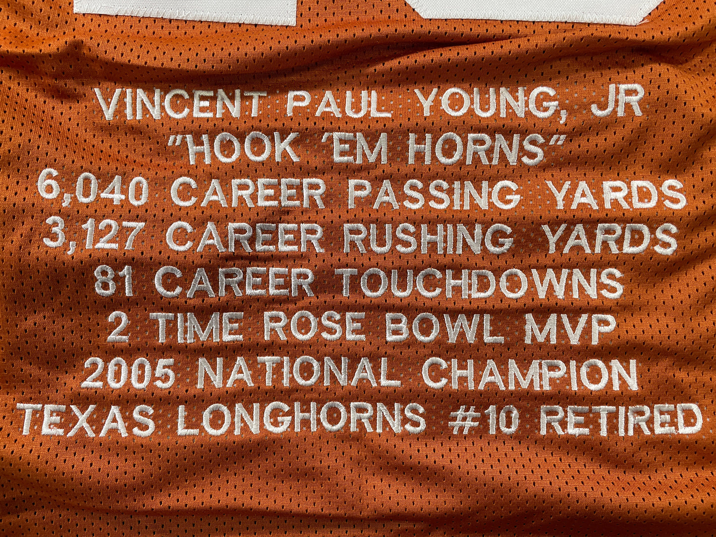 VINCE YOUNG TEXAS LONGHORNS SIGNED STAT JERSEY JSA COA
