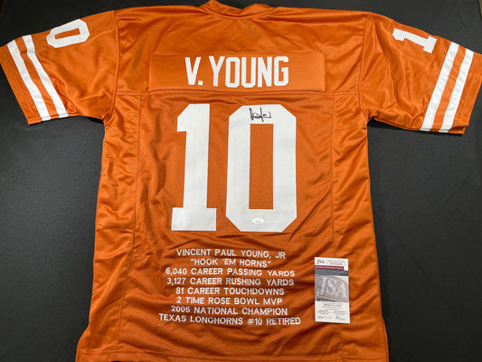 VINCE YOUNG TEXAS LONGHORNS SIGNED STAT JERSEY JSA COA