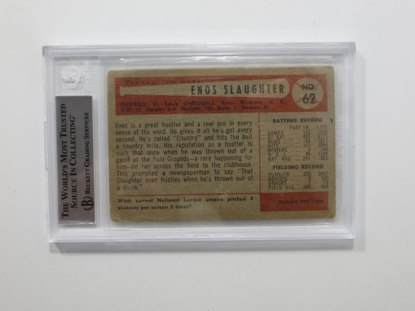 ENOS SLAUGHTER SIGNED BGS BAS SLAB 1954 BOWMAN #62 STL Cardinals