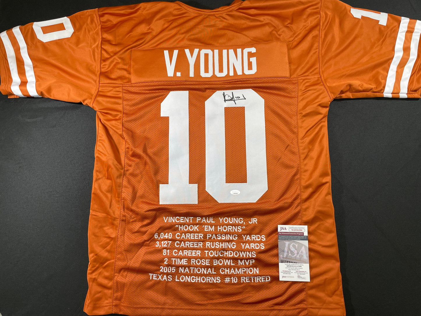 VINCE YOUNG TEXAS LONGHORNS SIGNED STAT JERSEY JSA COA