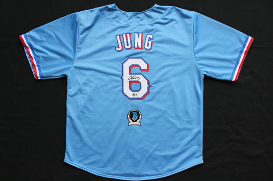 JOSH JUNG TEXAS RANGERS SIGNED ALT Light Blue JERSEY Red Raiders BAS