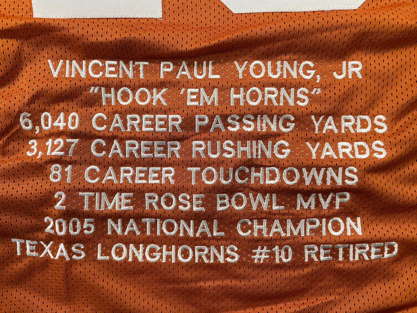 VINCE YOUNG TEXAS LONGHORNS SIGNED STAT JERSEY JSA COA