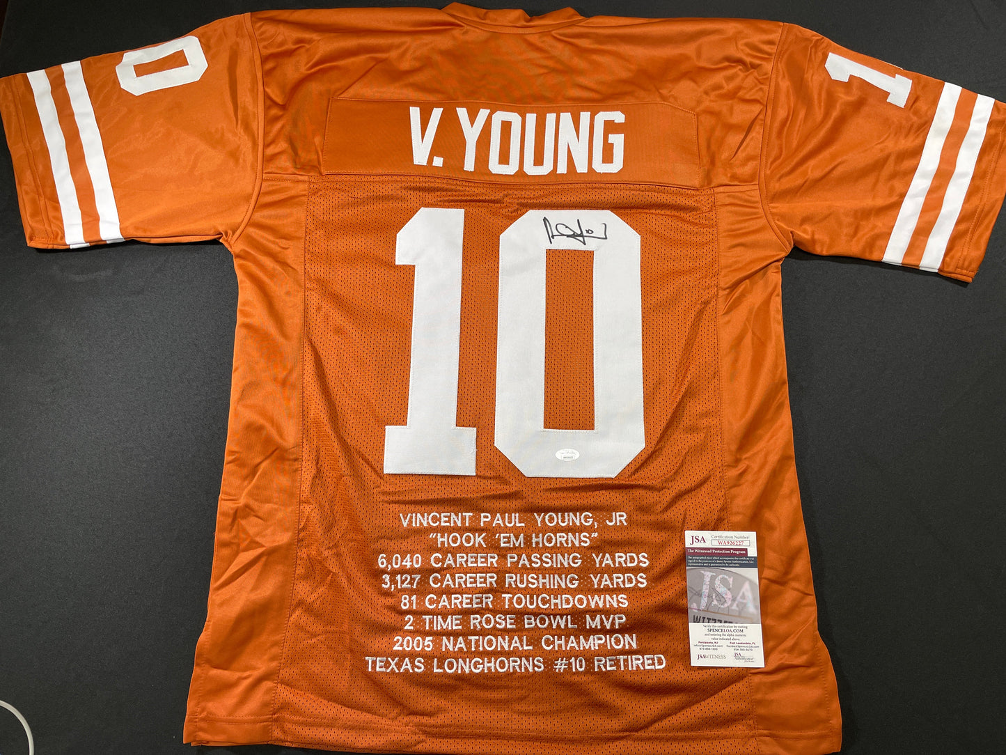 VINCE YOUNG TEXAS LONGHORNS SIGNED STAT JERSEY JSA COA