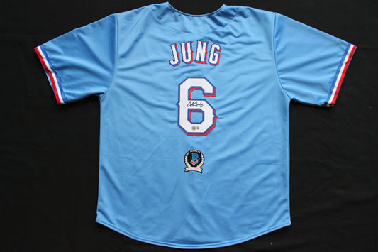 JOSH JUNG TEXAS RANGERS SIGNED ALT Light Blue JERSEY Red Raiders BAS