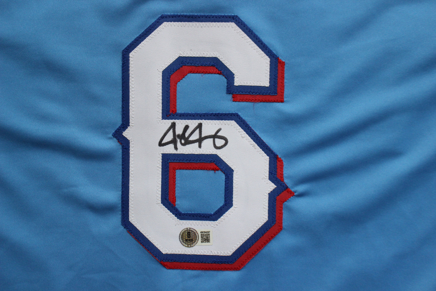 JOSH JUNG TEXAS RANGERS SIGNED ALT Light Blue JERSEY Red Raiders BAS