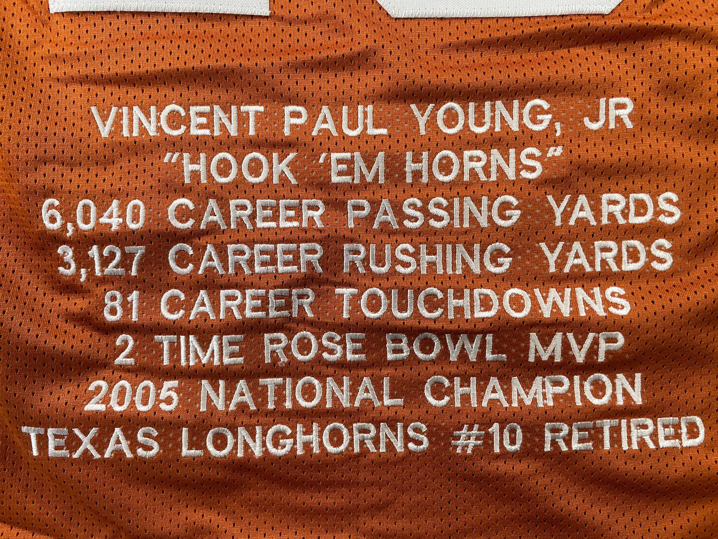 VINCE YOUNG TEXAS LONGHORNS SIGNED STAT JERSEY JSA COA
