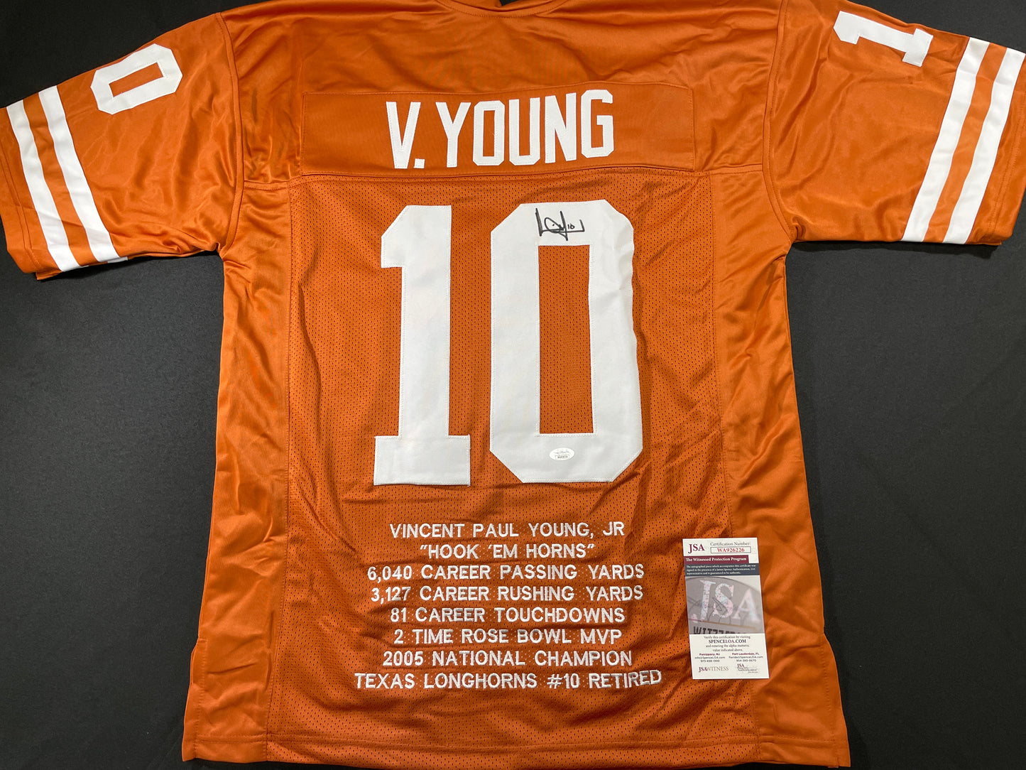 VINCE YOUNG TEXAS LONGHORNS SIGNED STAT JERSEY JSA COA