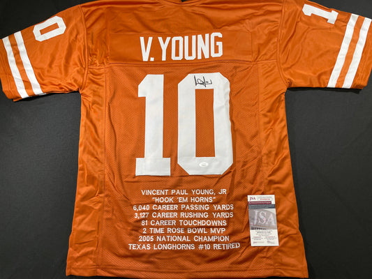 VINCE YOUNG TEXAS LONGHORNS SIGNED STAT JERSEY JSA COA