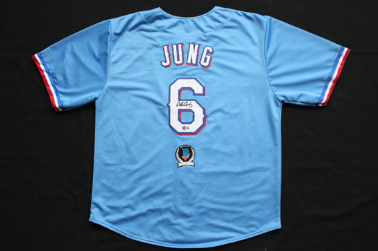 JOSH JUNG TEXAS RANGERS SIGNED ALT Light Blue JERSEY Red Raiders BAS