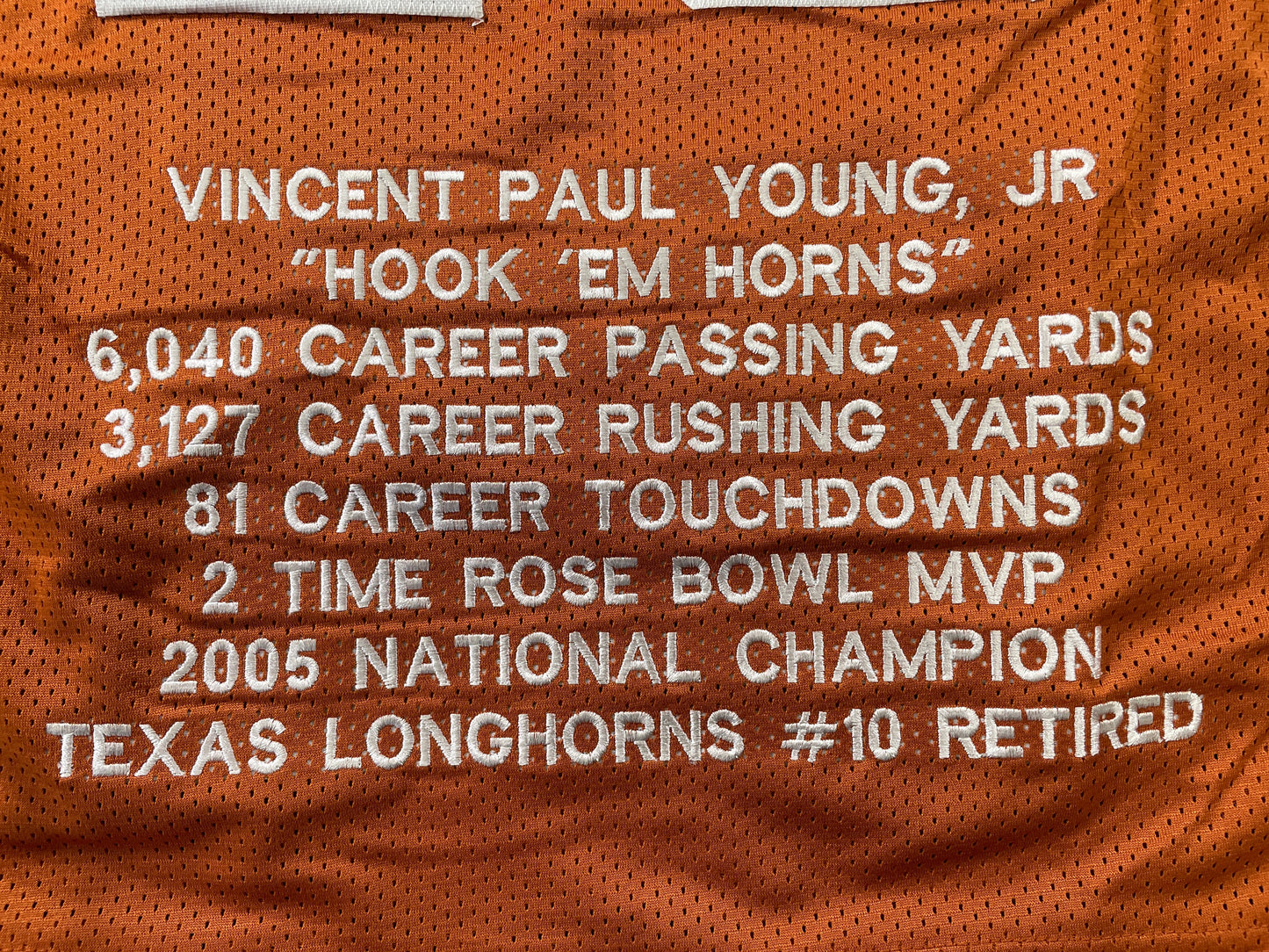 VINCE YOUNG TEXAS LONGHORNS SIGNED STAT JERSEY JSA COA