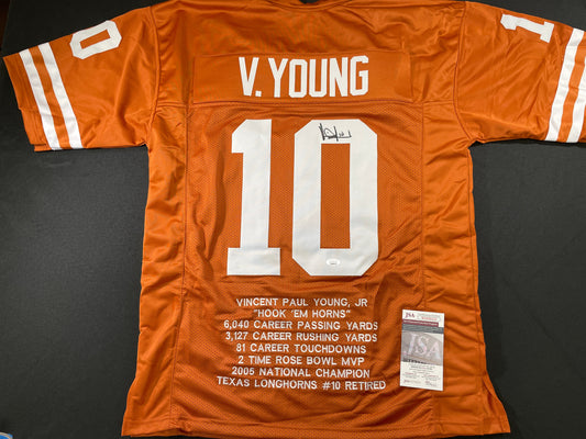 VINCE YOUNG TEXAS LONGHORNS SIGNED STAT JERSEY JSA COA