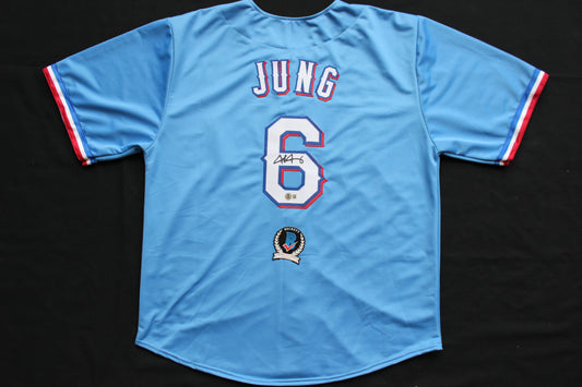 JOSH JUNG TEXAS RANGERS SIGNED ALT Light Blue JERSEY Red Raiders BAS