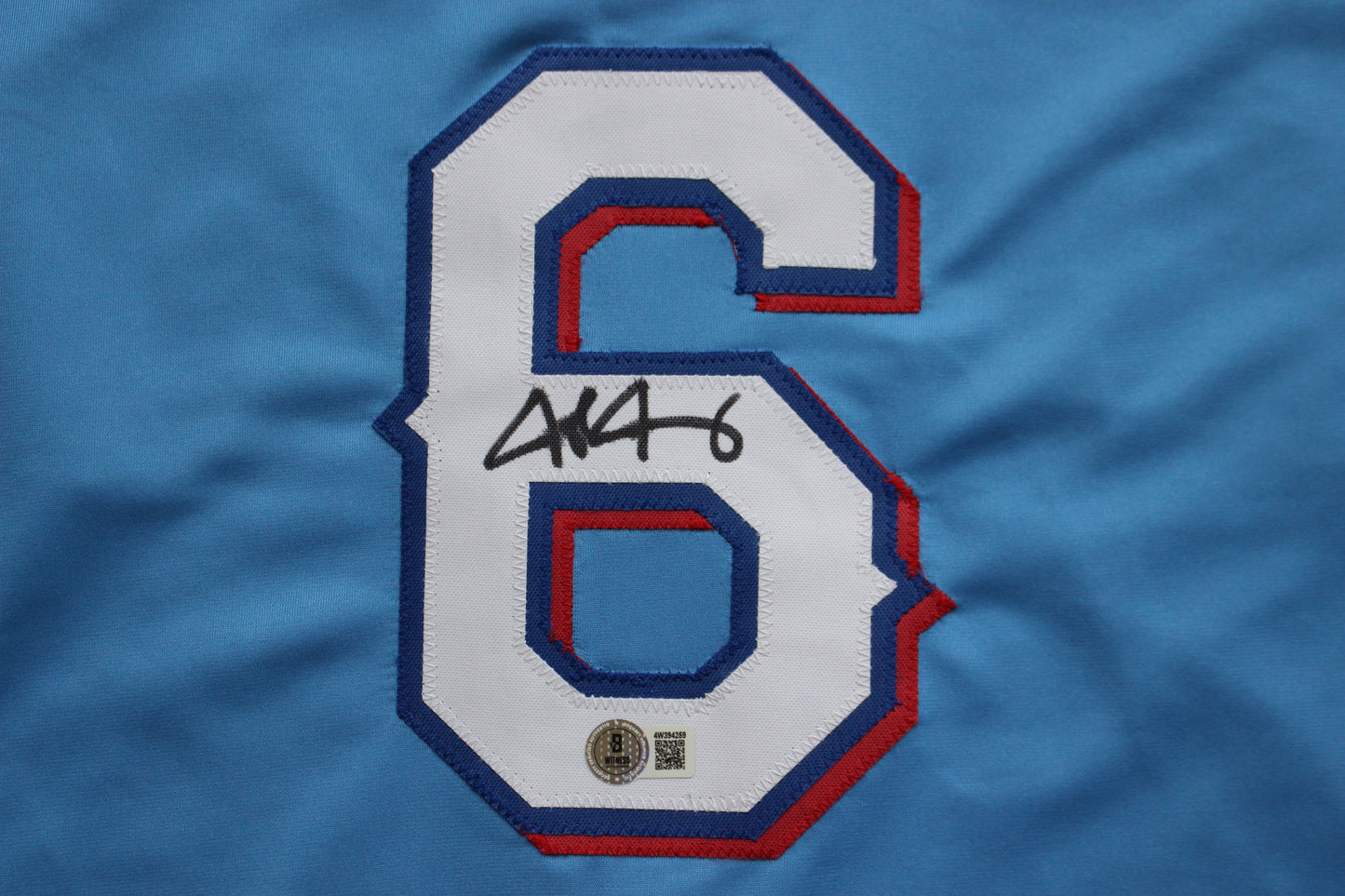 JOSH JUNG TEXAS RANGERS SIGNED ALT Light Blue JERSEY Red Raiders BAS
