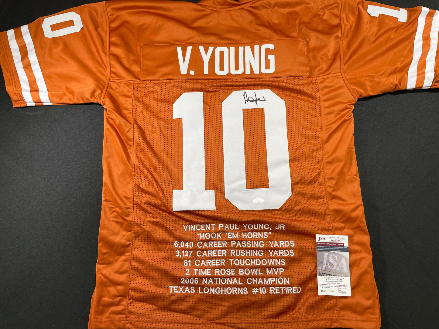 VINCE YOUNG TEXAS LONGHORNS SIGNED STAT JERSEY JSA COA