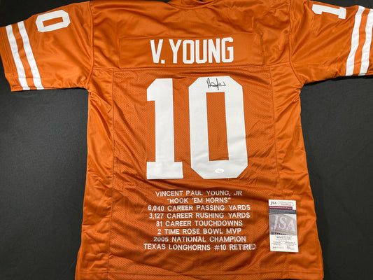 VINCE YOUNG TEXAS LONGHORNS SIGNED STAT JERSEY JSA COA