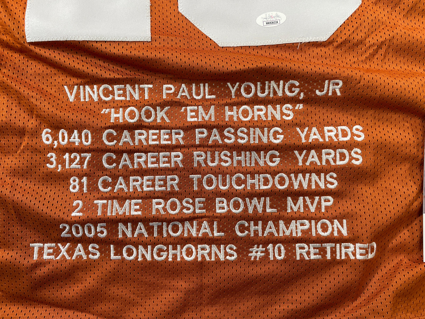 VINCE YOUNG TEXAS LONGHORNS SIGNED STAT JERSEY JSA COA