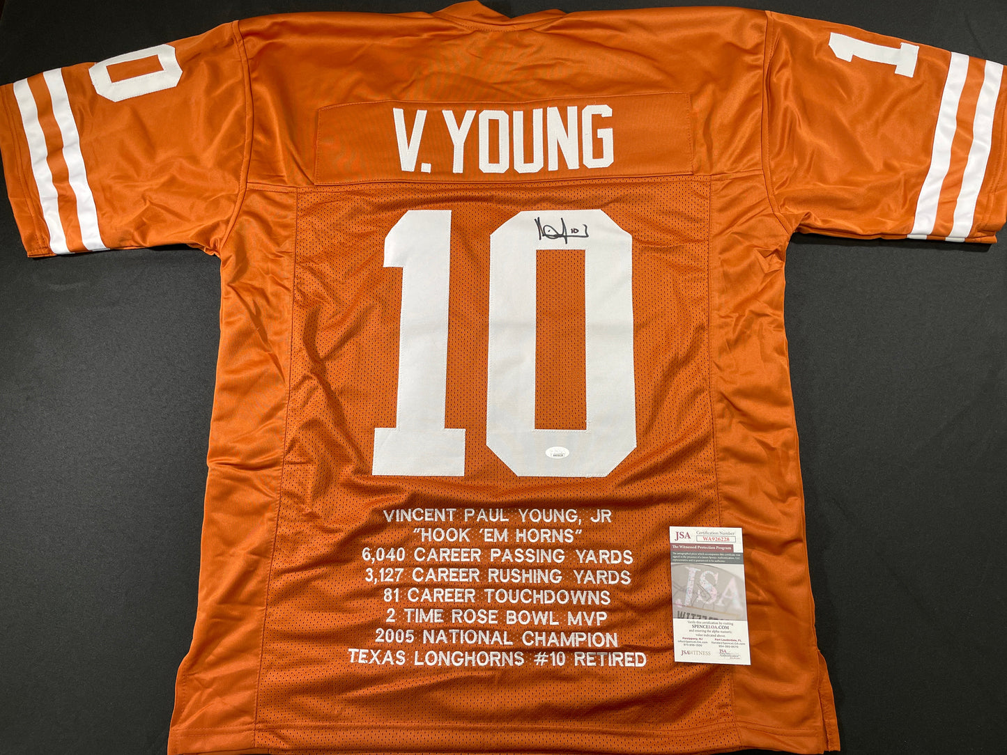 VINCE YOUNG TEXAS LONGHORNS SIGNED STAT JERSEY JSA COA