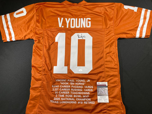 VINCE YOUNG TEXAS LONGHORNS SIGNED STAT JERSEY JSA COA