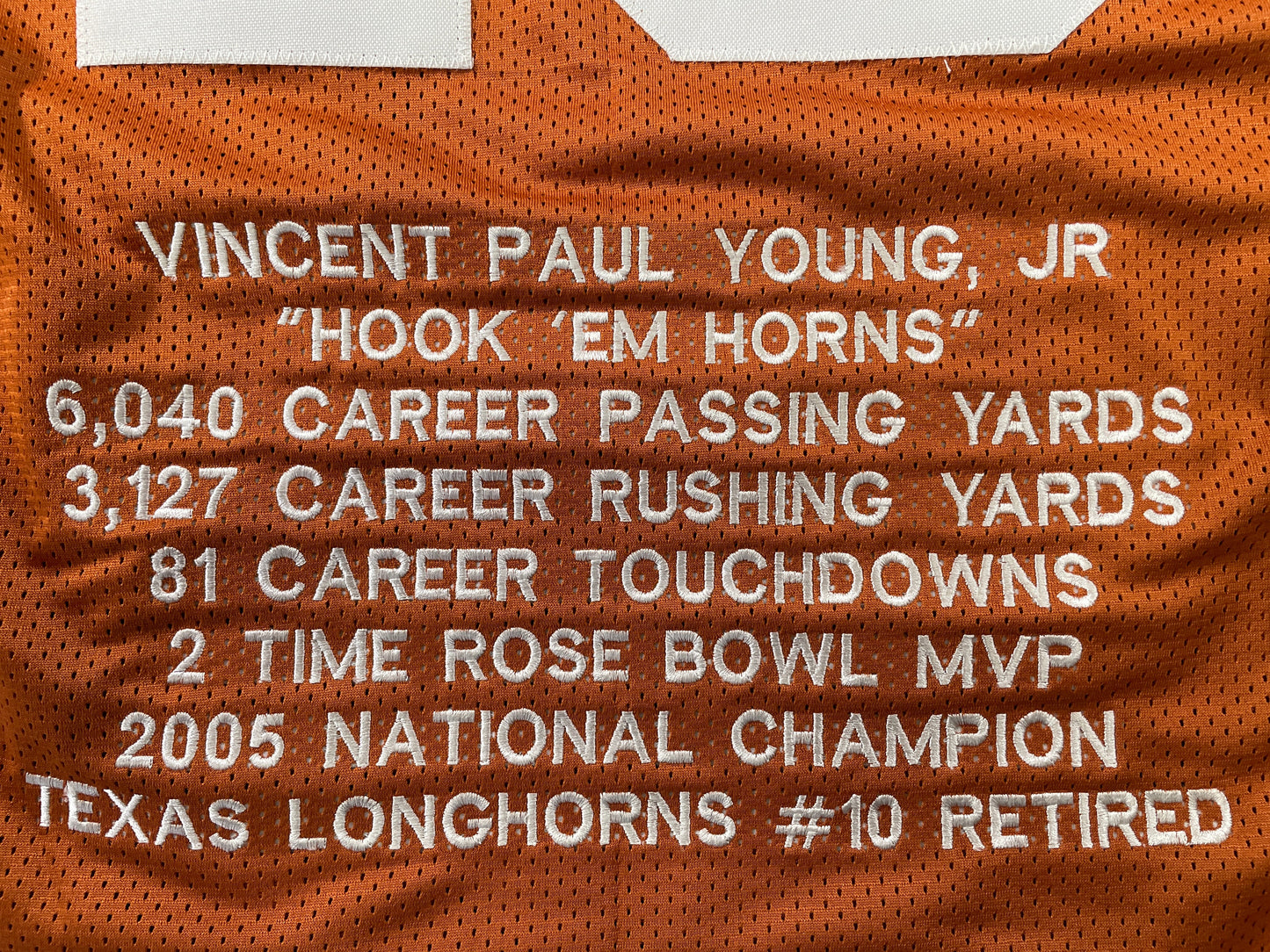 VINCE YOUNG TEXAS LONGHORNS SIGNED STAT JERSEY JSA COA