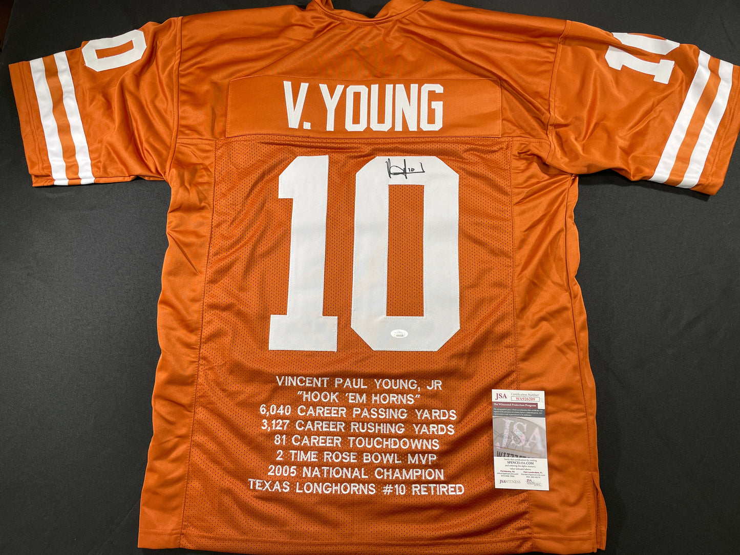 VINCE YOUNG TEXAS LONGHORNS SIGNED STAT JERSEY JSA COA