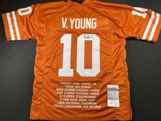 VINCE YOUNG TEXAS LONGHORNS SIGNED STAT JERSEY JSA COA