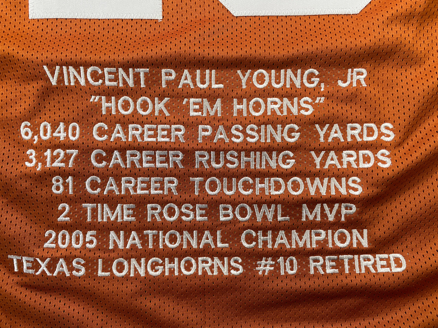VINCE YOUNG TEXAS LONGHORNS SIGNED STAT JERSEY JSA COA