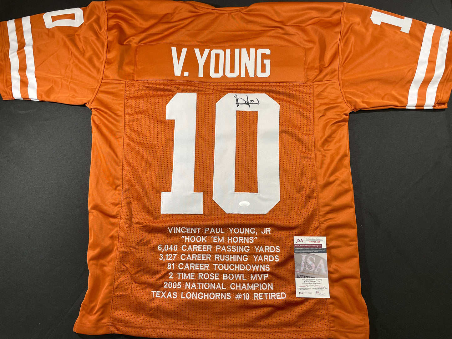 VINCE YOUNG TEXAS LONGHORNS SIGNED STAT JERSEY JSA COA
