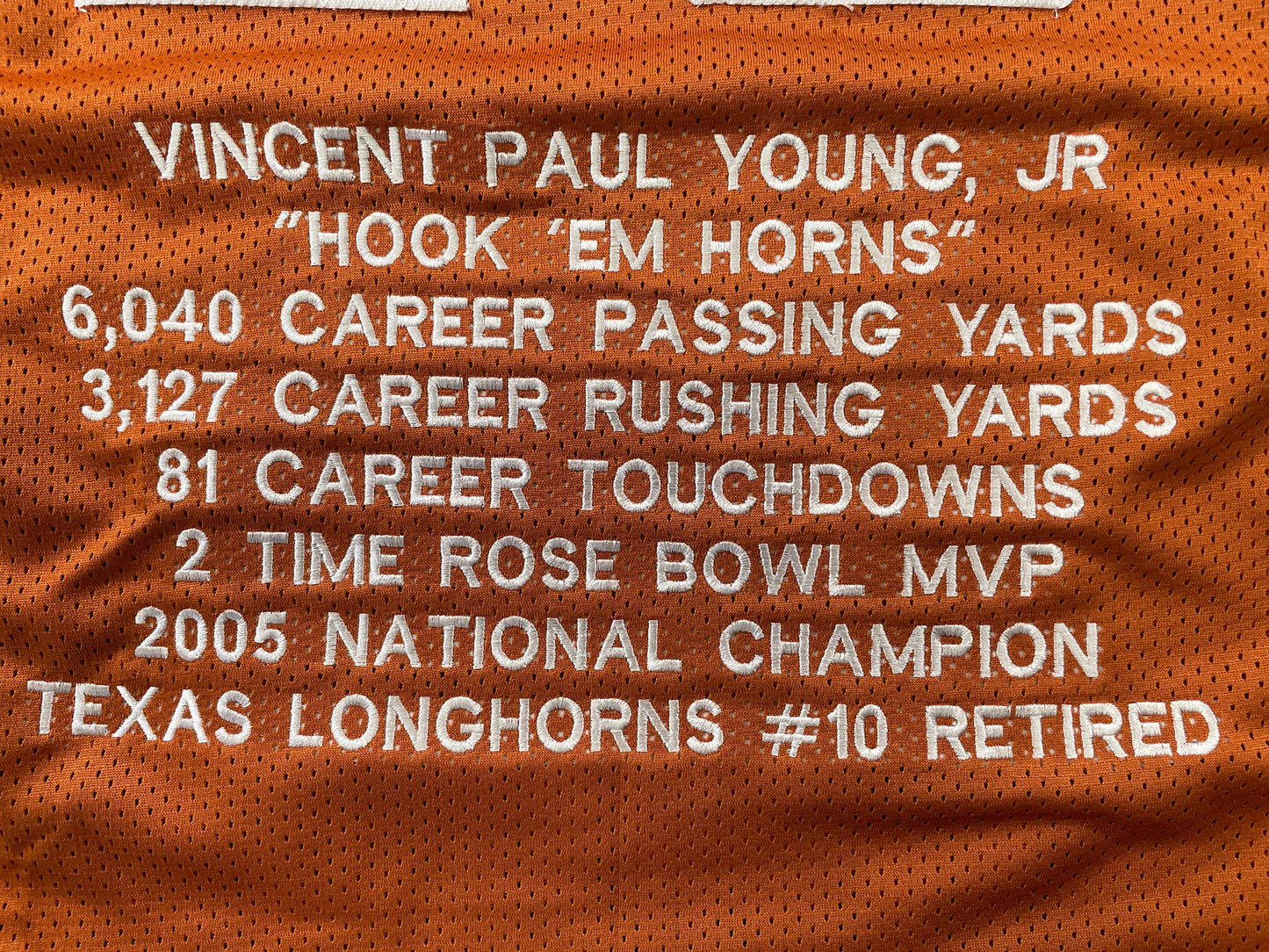 VINCE YOUNG TEXAS LONGHORNS SIGNED STAT JERSEY JSA COA