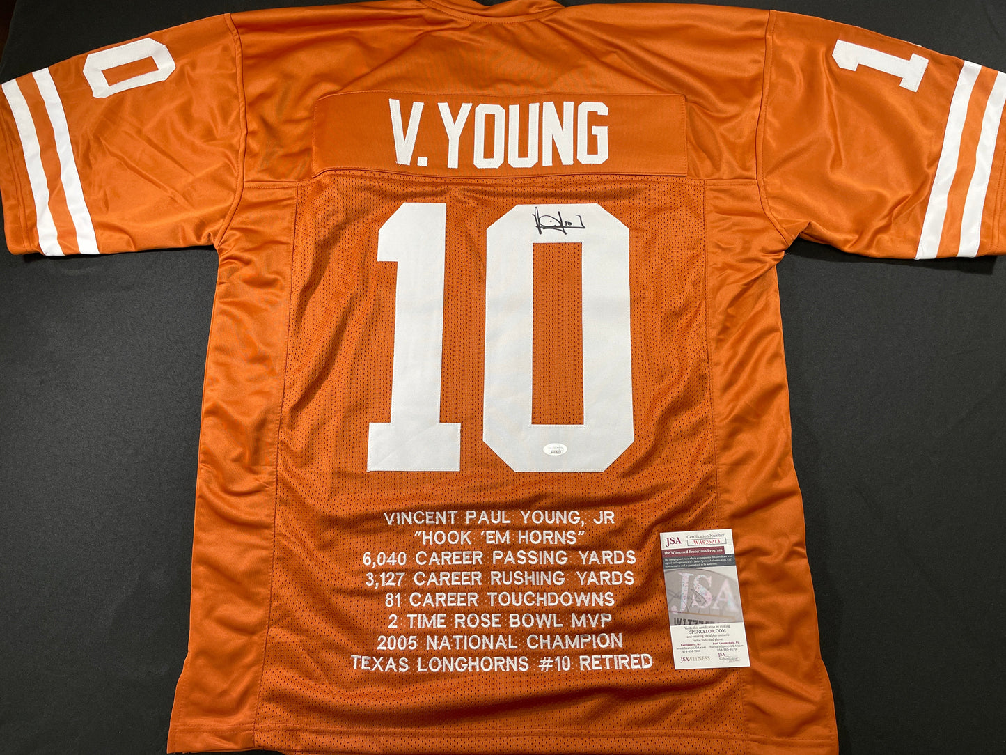 VINCE YOUNG TEXAS LONGHORNS SIGNED STAT JERSEY JSA COA