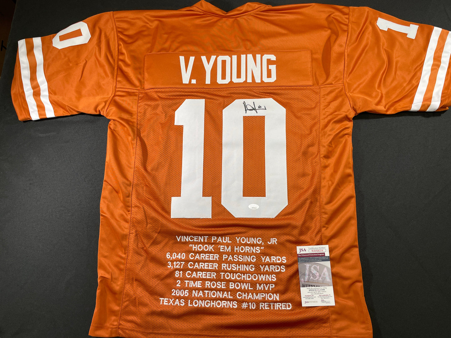 VINCE YOUNG TEXAS LONGHORNS SIGNED STAT JERSEY JSA COA
