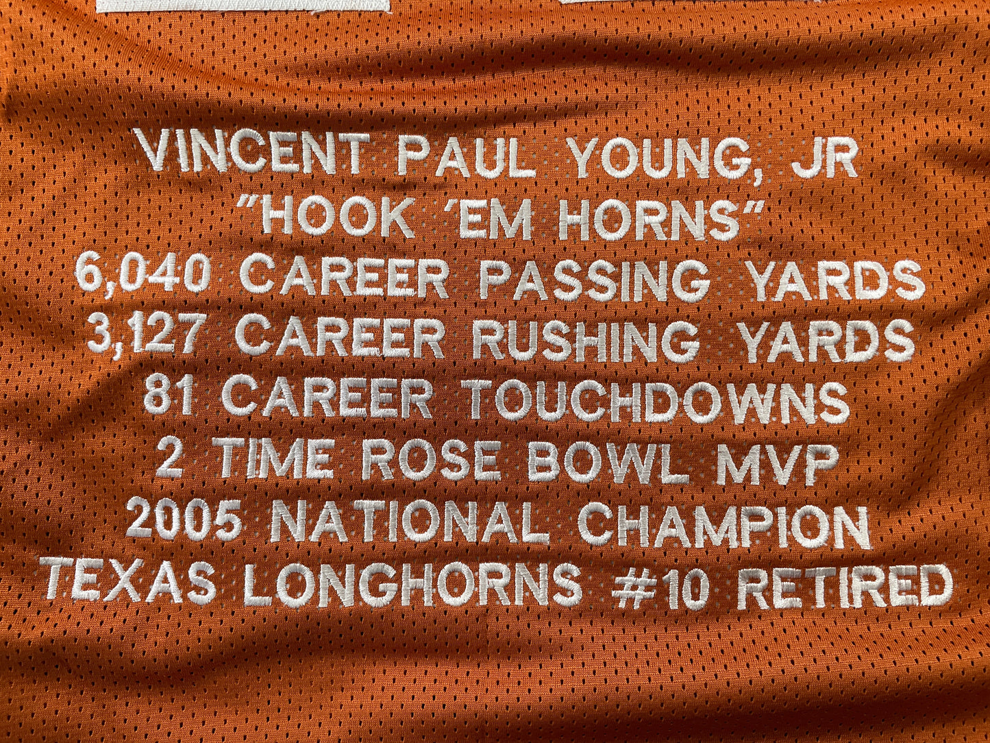 VINCE YOUNG TEXAS LONGHORNS SIGNED STAT JERSEY JSA COA