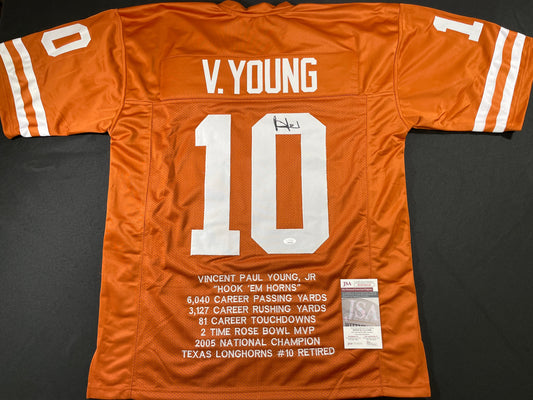 VINCE YOUNG TEXAS LONGHORNS SIGNED STAT JERSEY JSA COA