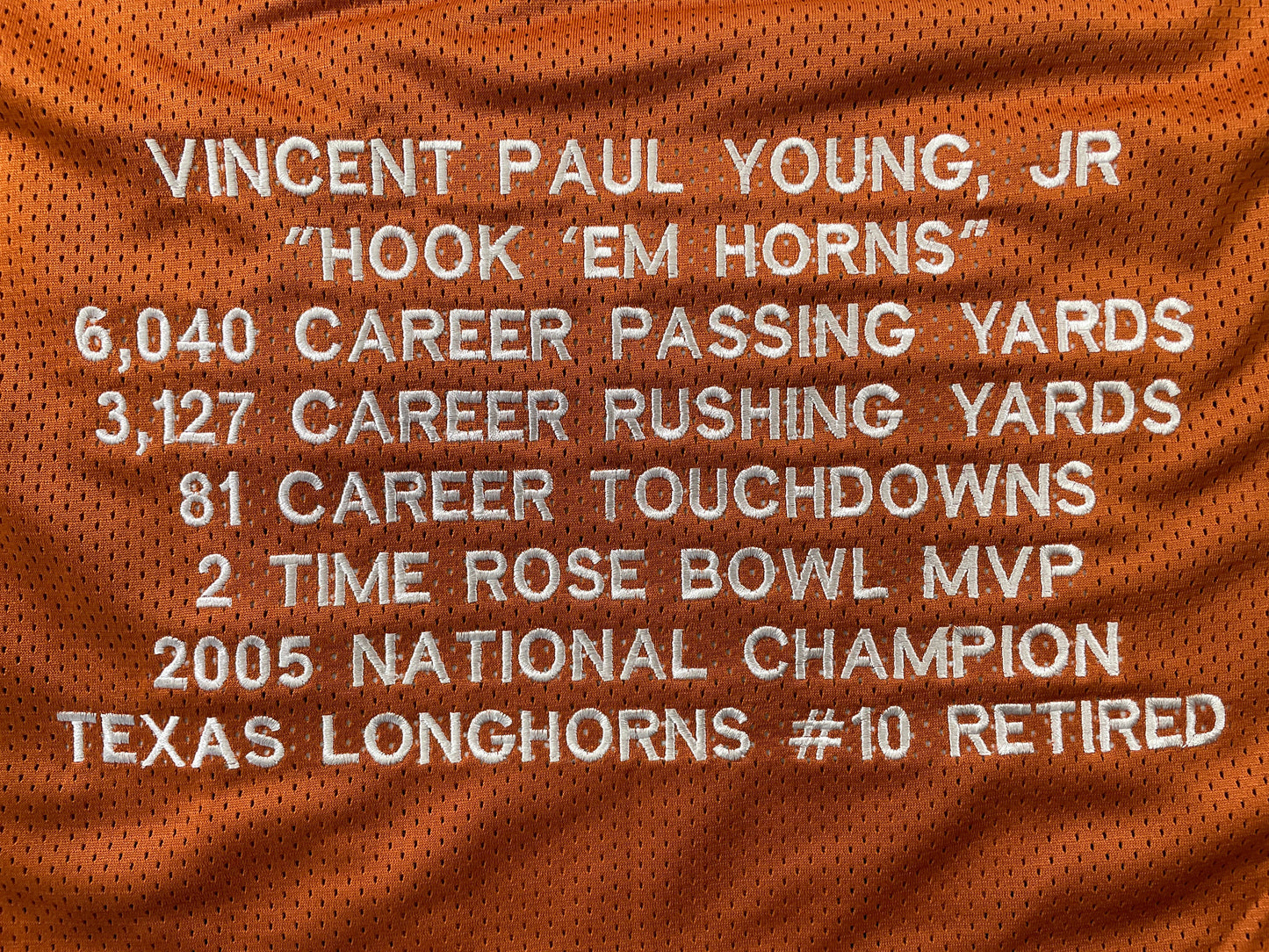 VINCE YOUNG TEXAS LONGHORNS SIGNED STAT JERSEY JSA COA