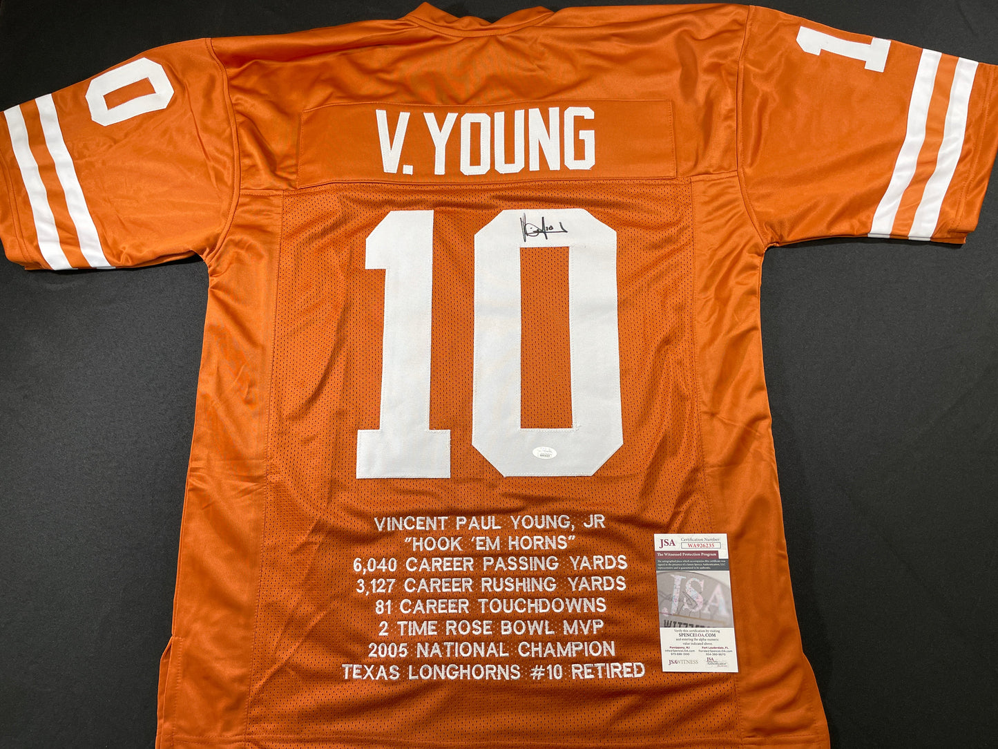 VINCE YOUNG TEXAS LONGHORNS SIGNED STAT JERSEY JSA COA