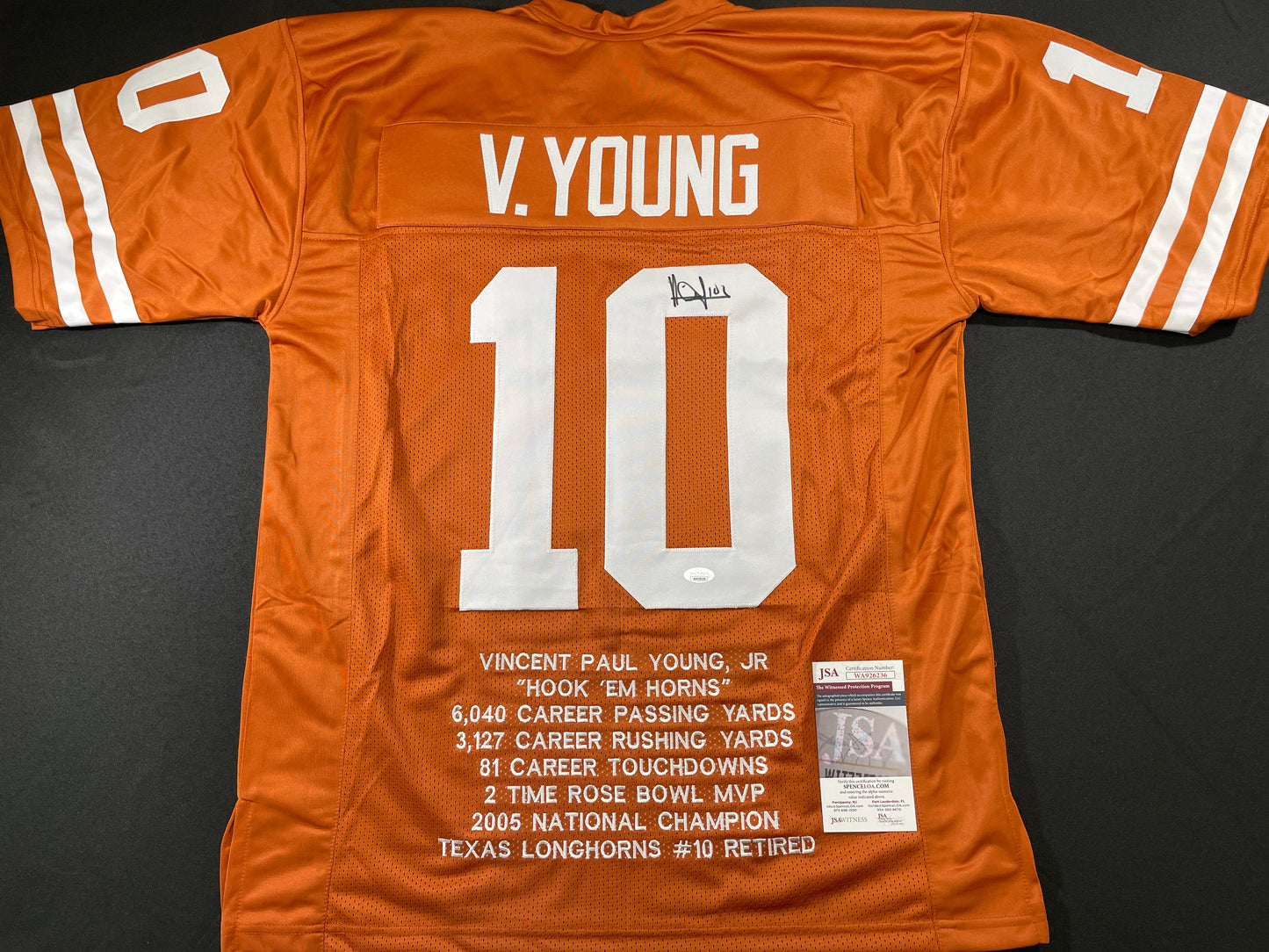 VINCE YOUNG TEXAS LONGHORNS SIGNED STAT JERSEY JSA COA